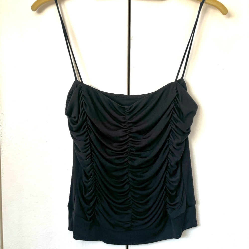 Vintage black rayon camisole with spaghetti straps and shirring, size small